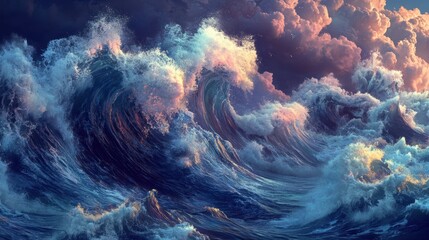 Fototapeta premium Dramatic ocean waves under stormy skies, depicting nature's power and beauty