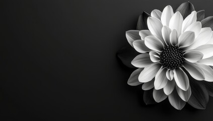 Black and white chrysanthemum flower on a black background Minimalist style banner with copy Generative AI