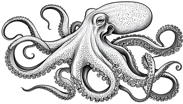 recommend clip art: Intricate Line Art of a Defensive Octopus with Curled Tentacles on a White Canvas