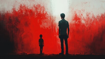 Artistic representation of a man and child with abstract red background.