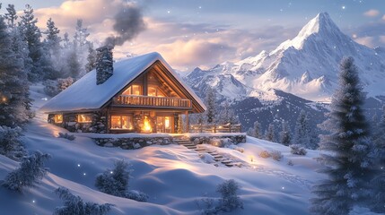 Fototapeta premium A cozy wooden cabin nestled in a snowy mountain landscape, with a warm glow emanating from its windows.