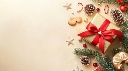 Festive Christmas Decorations with Gift Box, Pine Branches, and Cookies