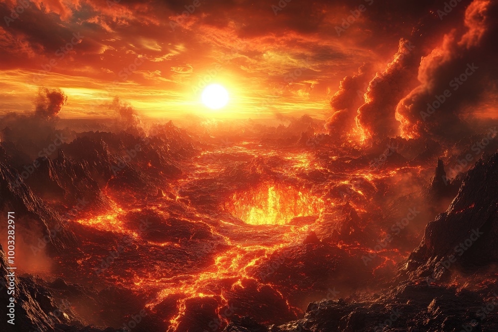 Sticker a fiery scene with a large red sun and a large red moon, generative ai image