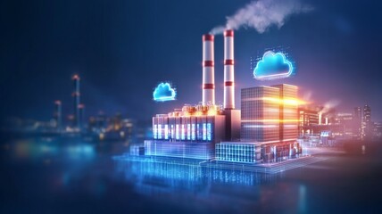 A futuristic cityscape with a large industrial plant in the foreground