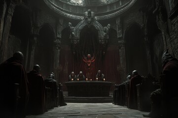 Demonic council meeting in cathedral, with copy space