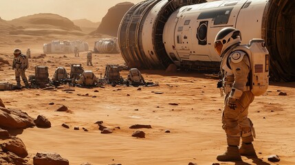 Colonists building first settlement Mars red planet exploration habitat. AI generated