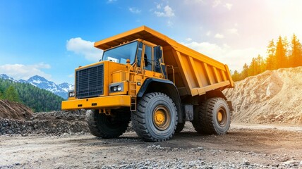 Obraz premium A large yellow dump truck is parked on a dirt road