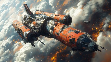Sci fi spaceship flying through a fiery sky with clouds, futuristic design concept