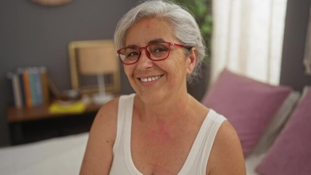 Mature woman with grey hair and red glasses smiling in a cozy bedroom setting with books and decor in the background