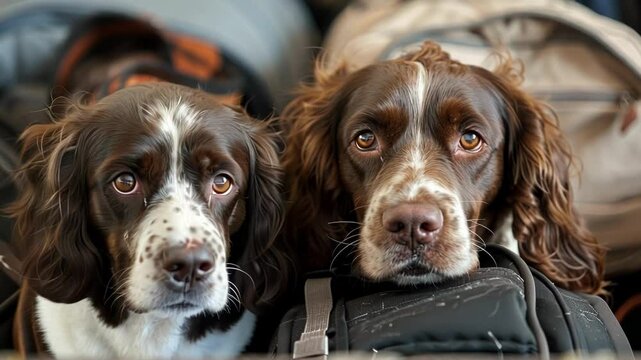 Two springer spaniel dogs waiting patiently inside their travel crates at the airport, ready for their journey to a new destination