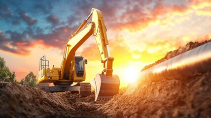 A yellow excavator is digging in the dirt