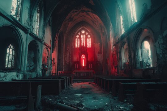 Demonic ritual in abandoned church, with copy space