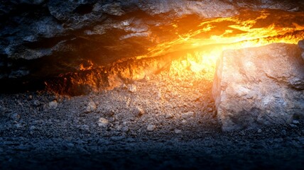 A rock with a hole in it and a fire burning inside