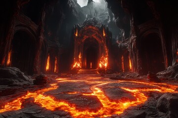 Demonic throne room with lava flows, with copy space