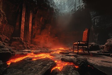 Demonic throne room with lava flows, with copy space