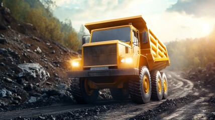 A yellow dump truck is driving down a rocky road