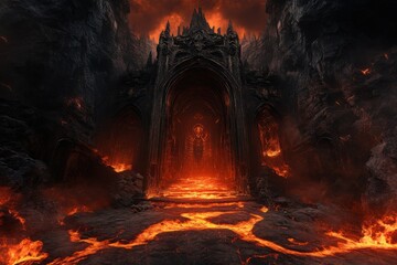 Demonic throne room with lava flows, with copy space