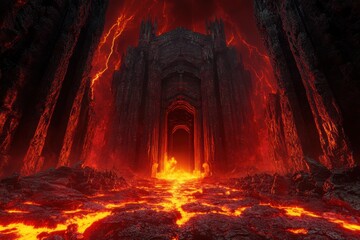 Demonic throne room with lava flows, with copy space