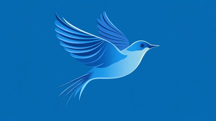 A stylized blue bird in flight against a bright blue background.