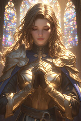 Obraz premium female aasimar cleric meditates in prayer, illuminated by colorful stained glass light