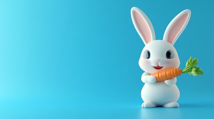 A cute cartoon bunny holding a carrot on a blue background.