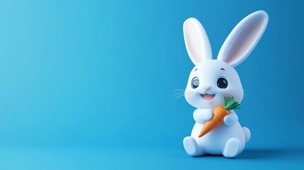 A cute cartoon bunny rabbit holding a carrot against a blue background.