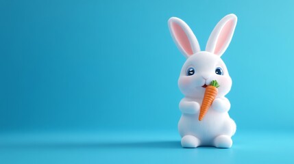 Obraz premium Cute white bunny rabbit holding a carrot on a blue background.