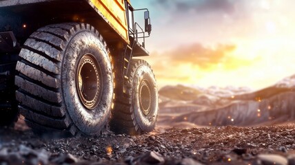 A large truck with a huge tire is driving on a rocky road