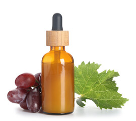 Bottle of cosmetic grape seed oil on white background