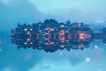 Floating city on water, with copy space