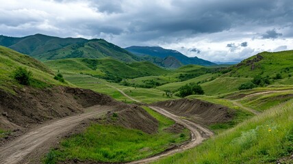 Fototapeta premium A road winds through a grassy hillside with a cloudy sky overhead