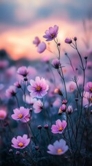 Dreamy field flowers glowing twilight sky ethereal quality enchanting colors serene atmosphere detailed composition. AI generated