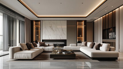 Fototapeta premium Modern Luxury Living Room Interior. A sleek, modern living room with large, comfortable white couches and contemporary decor. The minimalist design features clean lines, soft lighting, and a balanced 