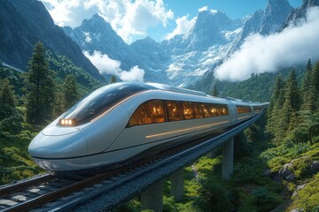 A sleek futuristic train glides swiftly on an elevated track through lush mountains under a clear blue sky