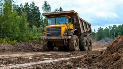 Obraz premium A large yellow dump truck is driving through a muddy field