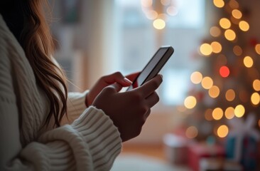 Woman browsing on smartphone with christmas tree in background