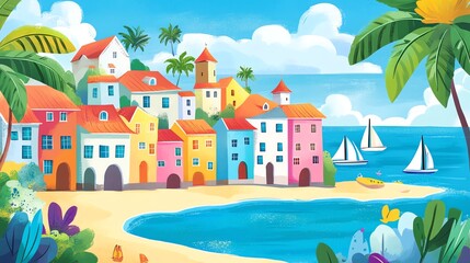 Fototapeta premium Colorful houses on a beach with palm trees and sailboats in the distance.