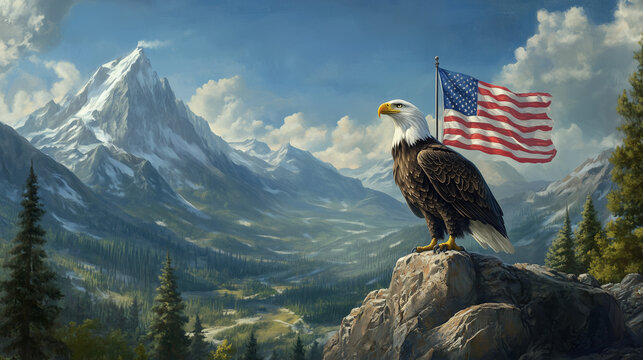 Bald Eagle with American Flag in Mountain Landscape. A proud bald eagle stands on a rock with the American flag behind it, set against a majestic mountain backdrop. The image symbolizes freedom, patri
