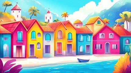 Fototapeta premium A colorful cartoon illustration of a seaside town with bright houses and palm trees.