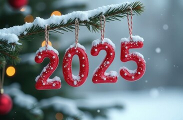 Red 2025 numbers hanging on snowy christmas tree celebrating new year