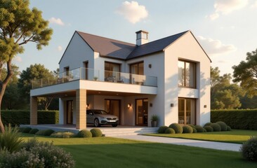 Modern white house with garage and car parked in driveway at sunset