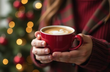 Woman holding red cup of coffee with latte art near christmas tree