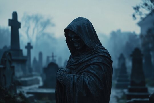 Grim reaper in misty graveyard, with copy space