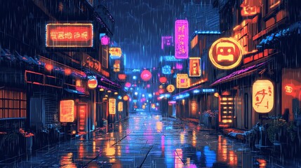 A rainy night in a vibrant neon-lit city street.