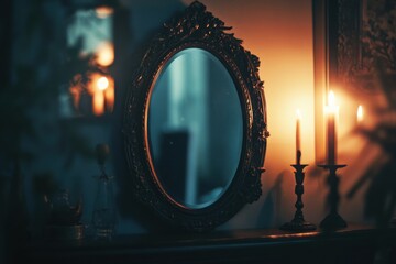 Haunted antique mirror on a table, with copy space