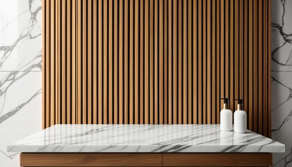 Vertical Wooden Wall Slats with Marble Countertop for Luxury Product Display