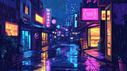 A rainy night in a neon-lit city alley.