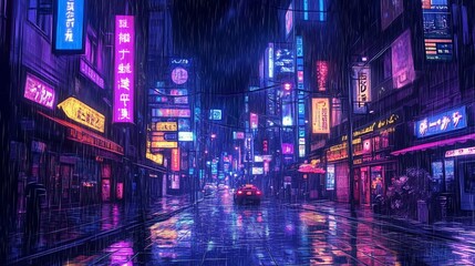 Neon signs illuminate a rainy street in a bustling city, creating a vibrant and moody atmosphere.