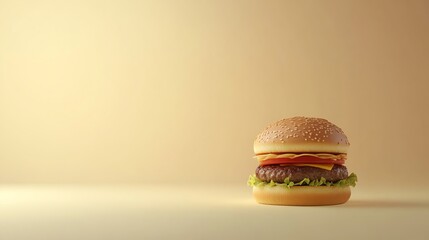A delicious hamburger sits on a beige background.