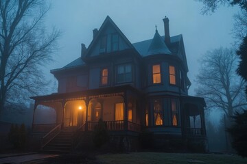 Haunted Victorian mansion at night, with copy space